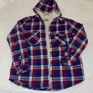 Boston Traders Sherpa‎ Lined Hooded Red Blue Plaid Shirt Jacket Sz L